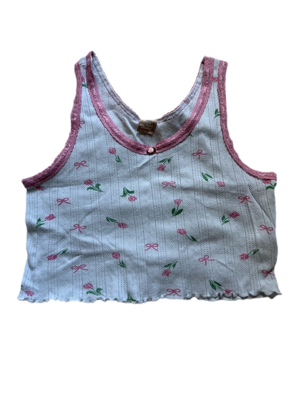 Baby Blue Floral Crop Tank with Pink Lace Trim